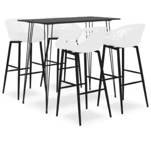 5-osaline baarikomplekt musta MDF laua ja valgete baaripukkidega, laud 120 x 60 x 105 cm