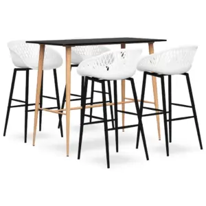 5-osaline baarikomplekt baarilaua ja 4 baaripukiga, must MDF-laud 120 x 60 x 105 cm, valged PP-ist toolid