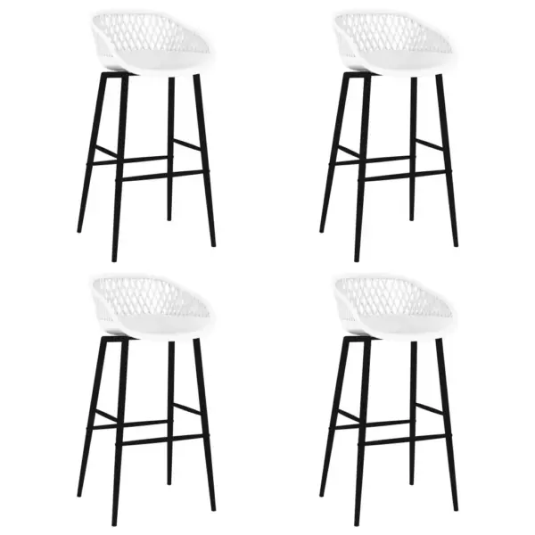 5-osaline baarikomplekt baarilaua ja 4 baaripukiga, must MDF-laud 120 x 60 x 105 cm, valged PP-ist toolid – 6