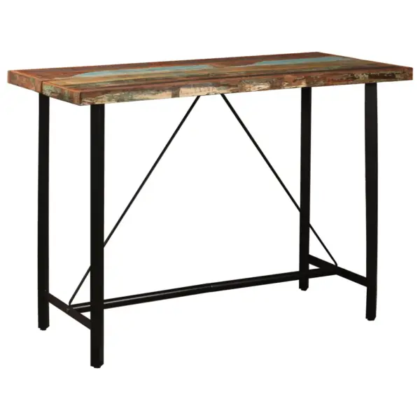 5-osaline baarikomplekt taastatud puidust lauaga ja ehtsa nahaga toolid, mitmevärviline, laud 150 x 70 x 107 cm – 2