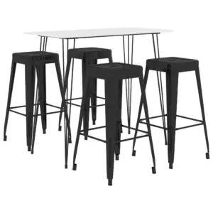 5-osaline baarikomplekt valge MDF-baarilauaga ja mustade virnastatavate baaripukkidega, laud 120 x 60 x 105 cm