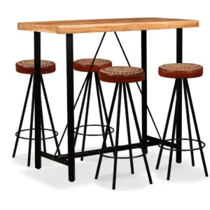 5-osaline industriaalstiilis baarikomplekt, India roosipuidust baarilaud 120 x 60 x 107 cm ja ehtsast nahast ning purjeriidega baaripukid