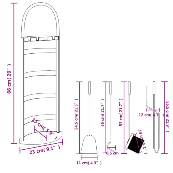 5-osaline kaminatööriistade komplekt alusega, must teras, 23 x 15 x 66 cm – 10