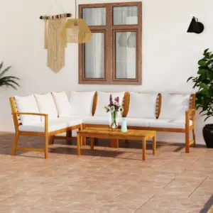 5-osaline aiadiivanikomplekt patjadega, kreemjas, akaatsiapuit, laud 100 x 50 cm