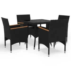 5-osaline aiamööbli komplekt, must polürotang ja akaatsiapuidust käetoed, laud 80 x 80 cm