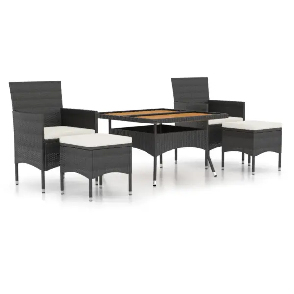 5-osaline aiamööbli komplekt, must polürotang, akaatsiapuidust lauaplaadiga, laud 120 x 120 cm, toolid ja jalapingid patjadega – 2