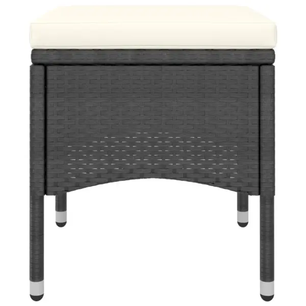 5-osaline aiamööbli komplekt, must polürotang, akaatsiapuidust lauaplaadiga, laud 120 x 120 cm, toolid ja jalapingid patjadega – 6