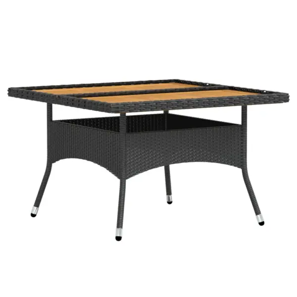 5-osaline aiamööbli komplekt, must polürotang, akaatsiapuidust lauaplaadiga, laud 120 x 120 cm, toolid ja jalapingid patjadega – 7