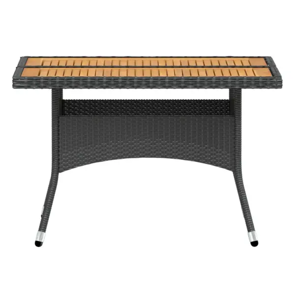 5-osaline aiamööbli komplekt, must polürotang, akaatsiapuidust lauaplaadiga, laud 120 x 120 cm, toolid ja jalapingid patjadega – 8