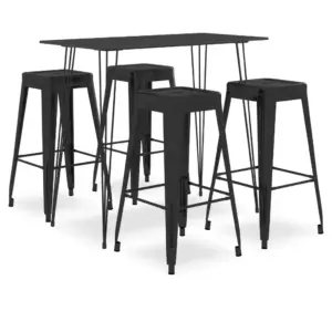 5-osaline baarikomplekt, must, MDF-baarilaud ja virnastatavad metallist baaripukid