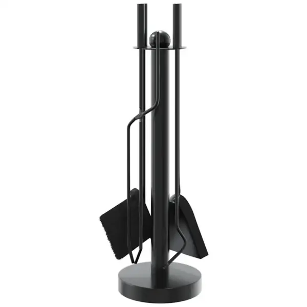 Kompaktne 5-osaline kaminatööriistade komplekt alusega, must teras, 18 x 56 cm – 5