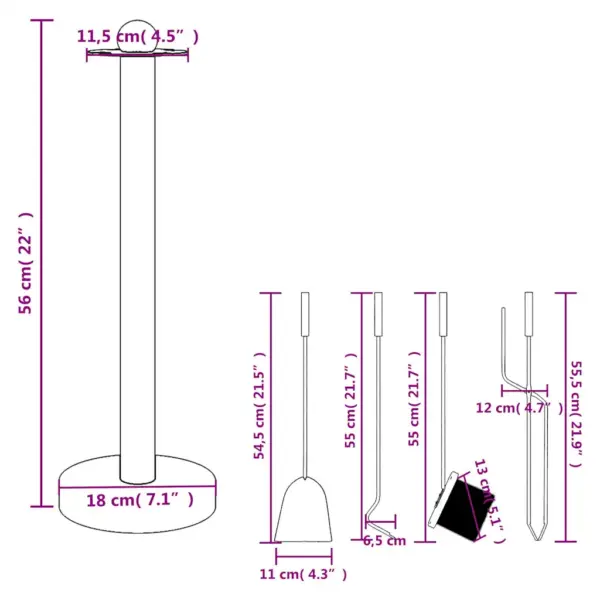 Kompaktne 5-osaline kaminatööriistade komplekt alusega, must teras, 18 x 56 cm – 10