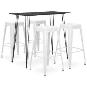 5-osaline baarikomplekt, must baarilaud ja valged metallpukid, laud 120 x 60 x 105 cm