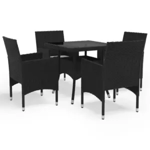 5-osaline aiamööbli komplekt lauaga ja 4 tugitooliga, must polürotang, klaasplaadiga laud 80 x 80 cm