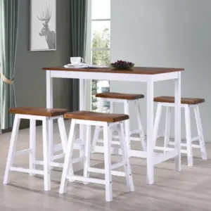 5-osaline baarilaua ja baaripukkide komplekt, pruun-valge, MDF lauaplaat ja täispuidust raam, laud 108 x 60 x 91 cm