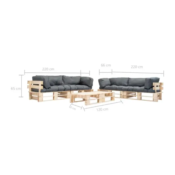6-osaline kaubaalustest aiamööbli komplekt, naturaalne immutatud männipuit, hallid padjad – 5
