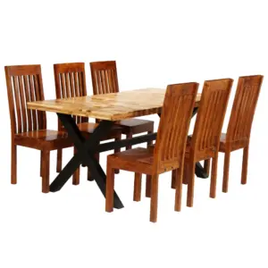 7-osaline söögimööbli komplekt akaatsia- ja mangopuidust lauaga, pulbervärvitud terasjalgadega, laud 180 x 90 x 76 cm