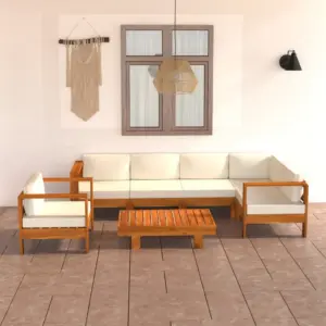 7-osaline akaatsiapuidust aiamööbli komplekt patjadega, kreemjasvalge, laud 100 x 60 cm