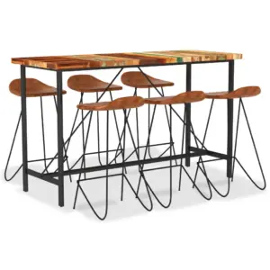 7-osaline tööstuslik baarimööbli komplekt, taastatud puit ja ehtne kitsenahk, mitmevärviline laud 180 x 70 x 107 cm, 6 pruun-musta baaritooliga