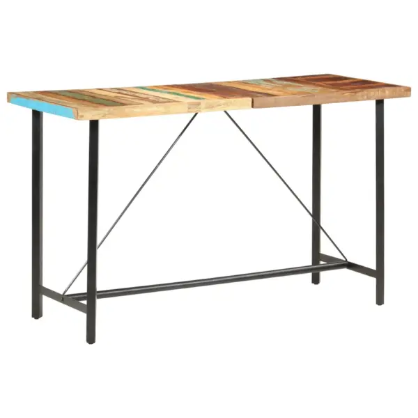 7-osaline tööstuslik baarimööbli komplekt, taastatud puit ja ehtne kitsenahk, mitmevärviline laud 180 x 70 x 107 cm, 6 pruun-musta baaritooliga – 2