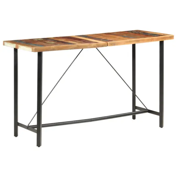 7-osaline tööstuslik baarimööbli komplekt, taastatud puit ja ehtne kitsenahk, mitmevärviline laud 180 x 70 x 107 cm, 6 pruun-musta baaritooliga – 11