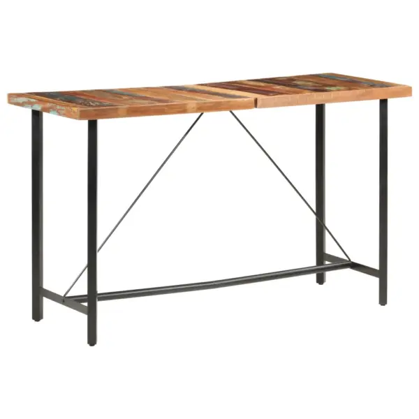7-osaline tööstuslik baarimööbli komplekt, taastatud puit ja ehtne kitsenahk, mitmevärviline laud 180 x 70 x 107 cm, 6 pruun-musta baaritooliga – 12