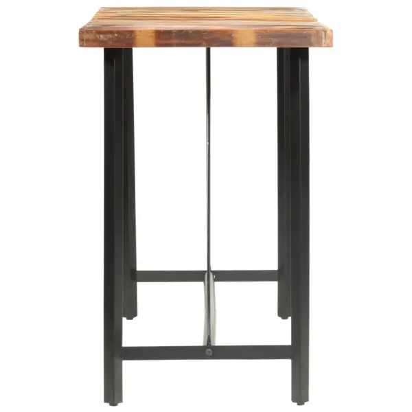 7-osaline tööstuslik baarimööbli komplekt, taastatud puit ja ehtne kitsenahk, mitmevärviline laud 180 x 70 x 107 cm, 6 pruun-musta baaritooliga – 4