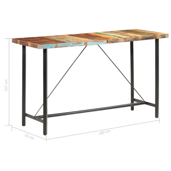7-osaline tööstuslik baarimööbli komplekt, taastatud puit ja ehtne kitsenahk, mitmevärviline laud 180 x 70 x 107 cm, 6 pruun-musta baaritooliga – 8