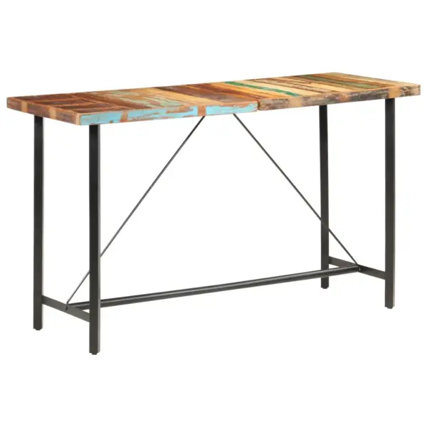 7-osaline tööstuslik baarimööbli komplekt, taastatud puit ja ehtne kitsenahk, mitmevärviline laud 180 x 70 x 107 cm, 6 pruun-musta baaritooliga – 9