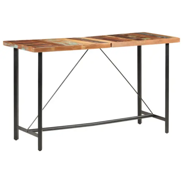 7-osaline tööstuslik baarimööbli komplekt, taastatud puit ja ehtne kitsenahk, mitmevärviline laud 180 x 70 x 107 cm, 6 pruun-musta baaritooliga – 10