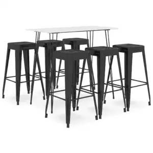 7-osaline baarikomplekt valge MDF-baarilauaga ja mustade virnastatavate metallpukkidega, laud 120 x 60 x 105 cm