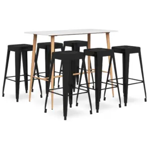 7-osaline baarikomplekt valge MDF-baarilaua ja mustade metallist virnastatavate baaripukkidega, 120 x 60 x 105 cm