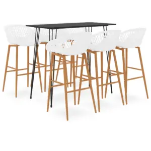 7-osaline baarimööbli komplekt musta lauaga ja valgete PP-baaripukkidega, laud 120 x 60 x 105 cm