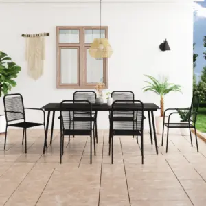 7-osaline aiamööbli komplekt lauaga, must puuvillanöör ja teras, laud 190 x 90 cm