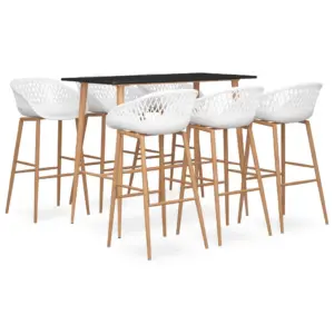 7-osaline baarikomplekt baarilaua ja 6 baaripukiga, must laud 120 x 60 x 105 cm, valged istmed, MDF ja PP