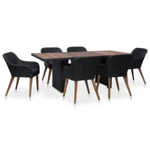 7-osaline aiamööbli komplekt patjadega, must polürotang ja akaatsiapuidust lauaga, laud 200 x 100 cm