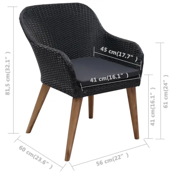 7-osaline aiamööbli komplekt patjadega, must polürotang ja akaatsiapuidust lauaga, laud 200 x 100 cm – 7