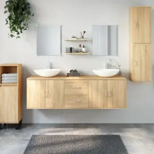 7-osaline vannitoa mööblikomplekt seinale kinnitatavate kappidega, tamm, tehispuit, valamukapp 150 cm