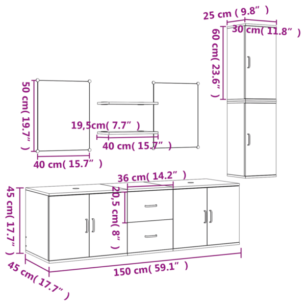 7-osaline vannitoa mööblikomplekt seinale kinnitatavate kappidega, tamm, tehispuit, valamukapp 150 cm – 8