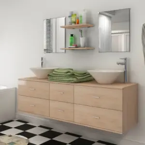 Seinale kinnitatav 7-osaline valamuga vannitoamööbli komplekt, beež tehispuit, 150 cm