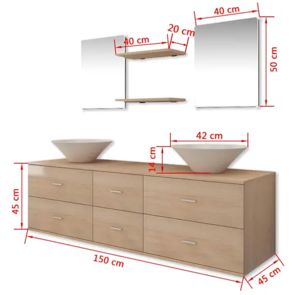 Seinale kinnitatav 7-osaline valamuga vannitoamööbli komplekt, beež tehispuit, 150 cm - 10