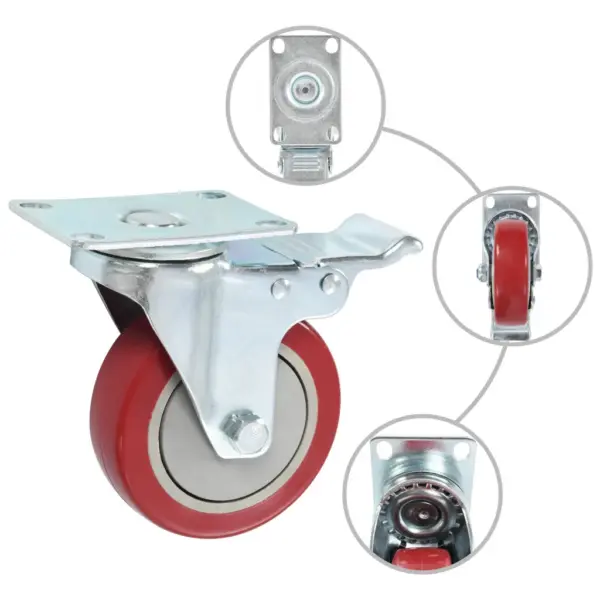 Pöörlevad mööblirattad piduriga, 8 tk, 100 mm, punane PP, tsingitud metallraamiga, 80 kg/ratas – 2