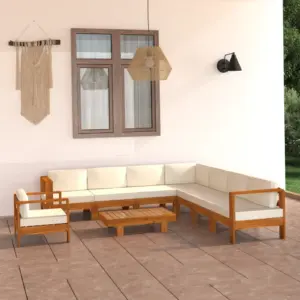 9-osaline akaatsiapuidust aiamööbli komplekt patjadega, laud 100 x 60 cm, kreemjasvalged padjad