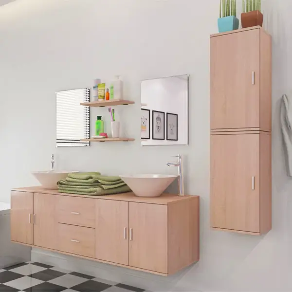 9-osaline seinale kinnitatav beež vannitoamööbli ja keraamiliste valamute komplekt, tehispuit, 150 cm - 3