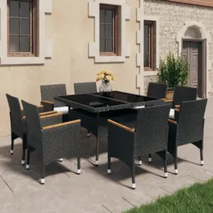 9-osaline aiamööbli komplekt 8 tugitooliga, must polürotang ja akaatsiapuit, laud 120 x 120 cm