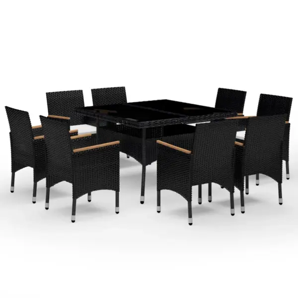 9-osaline aiamööbli komplekt 8 tugitooliga, must polürotang ja akaatsiapuit, laud 120 x 120 cm – 2