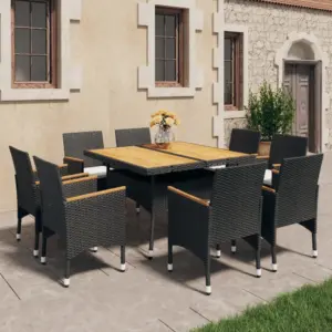 9-osaline aiamööbli komplekt, polürotang ja akaatsiapuit, must, laud 120 x 120 cm