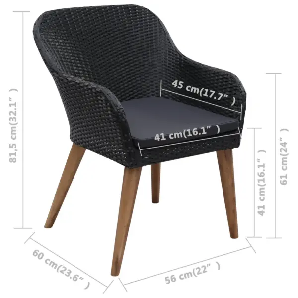 9-osaline aiamööbli komplekt patjadega, must polürotang, akaatsiapuidust laud 200 x 100 cm – 7
