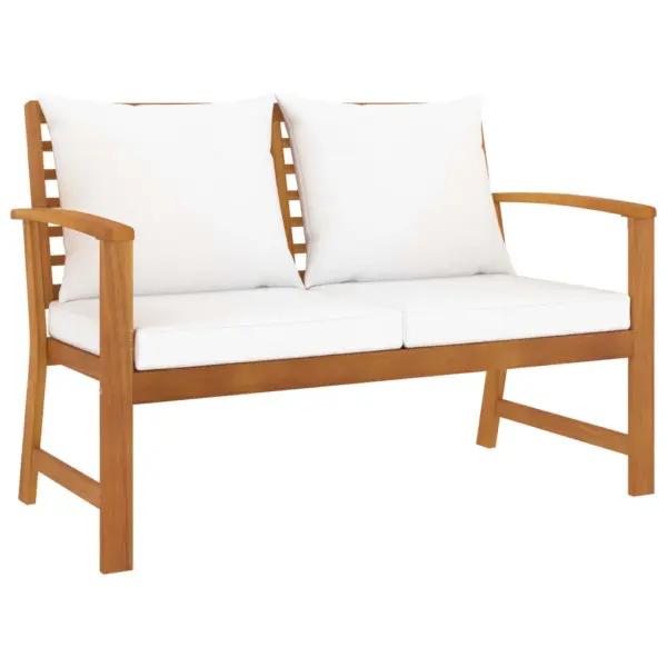 3-osaline akaatsiapuidust aiadiivanikomplekt patjadega, laud 100 x 50 x 33 cm, kreemjad padjad – 4