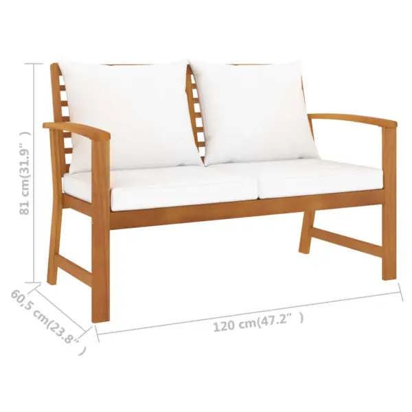 3-osaline akaatsiapuidust aiadiivanikomplekt patjadega, laud 100 x 50 x 33 cm, kreemjad padjad – 8